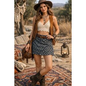 Free People Boho Mini Skirt Blue Printed Size 2 Indie Festival Retro Style‎ Y2K